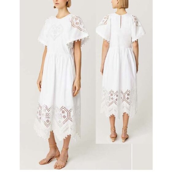 NEW RHODE CLAUDE COTTON DRESS IN WHITE HEART EYELET SIZE XS - Picture 1 of 12